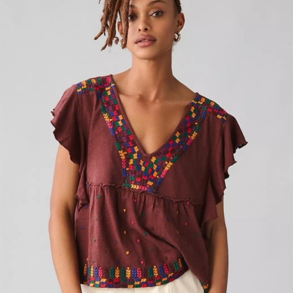 NWT Anthropologie Embroidered Ruffle Sleeve Peplum Top
